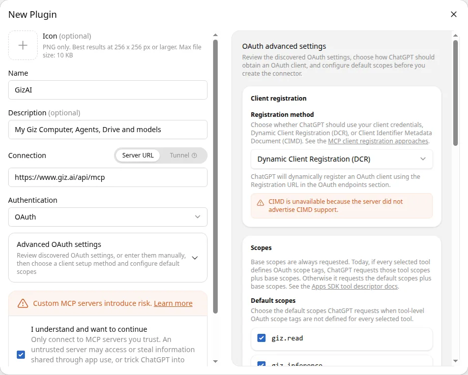 Advanced OAuth settings showing Dynamic Client Registration and the giz.read and giz.inference scopes