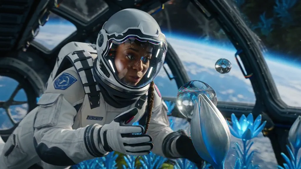 MiniMax H3 astronaut in a blue orbital greenhouse above Earth