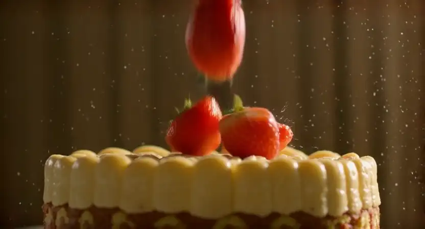 AI-generated strawberry cake macro advertisement