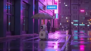 AI-generated service robot walking through a rainy neon alley