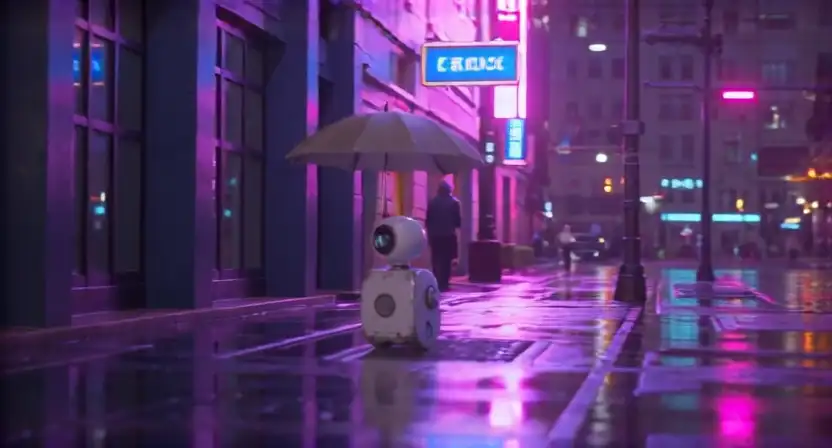 AI-generated service robot walking through a rainy neon alley