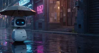 New LTX-2.5 service robot walking through a neon rainy alley