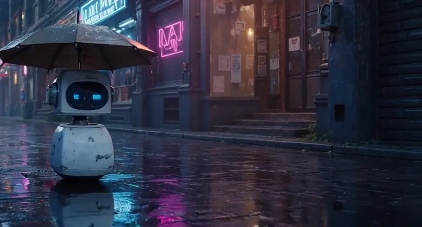 New LTX-2.5 service robot walking through a neon rainy alley